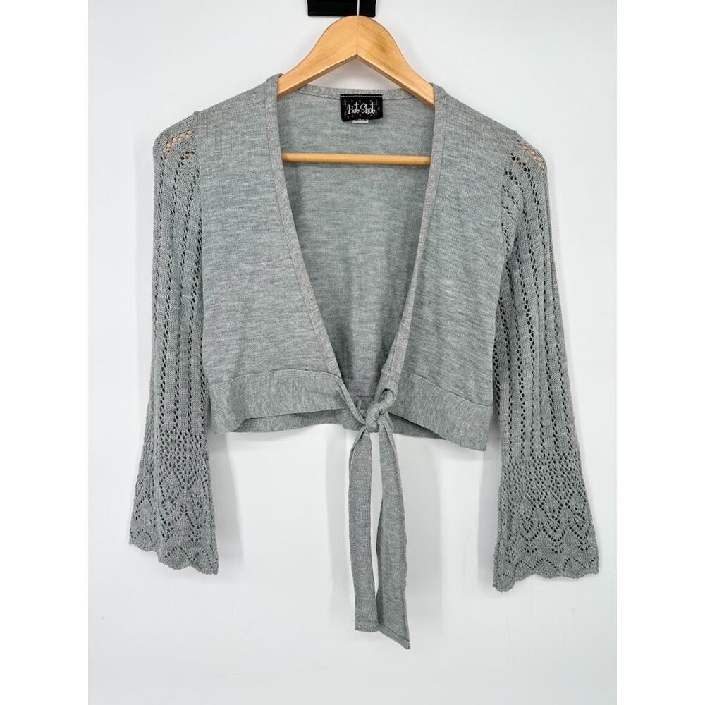 Y2K Vintage Hot Shot Grey Cardigan Tie Sweater Shrug Crochet Bell Sleeve Women M